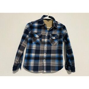 Eddie Bauer Kids Sherpa Lined Plaid Flannel Shirt Jacket Blue Gray Size 8